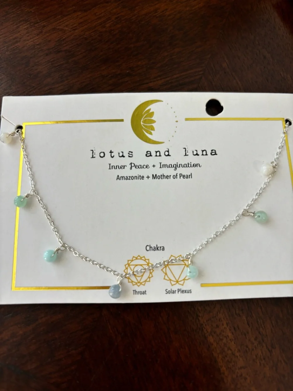 Lotus and Luna Silver Necklace with Pale Green Amazonite Beads - Picture 2 of 3